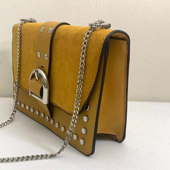 TOPSHOP Tan Honey Studded Shoulder Cross Body Handbag Silver Thick Chain Strap - Picture 2 of 6